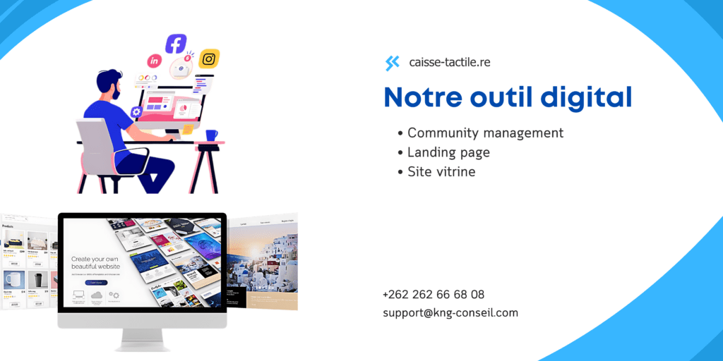 image de outil digital community manager, landing page, site vitrine pour digitaliser le commerce